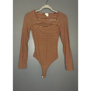Le Lis Bodysuit Top Women's XS Long Sleeve Brown White Stripe Cross Front Basics